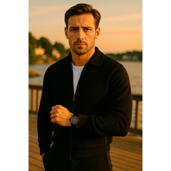 Men's Casual Long Sleeve Zipper Jacket with Pocket + Free Luxury Fashion Quartz Watch