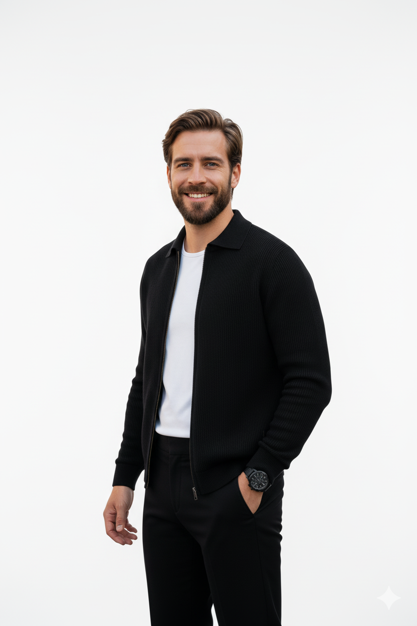 Men's Casual Long Sleeve Zipper Jacket with Pocket + Free Luxury Fashion Quartz Watch