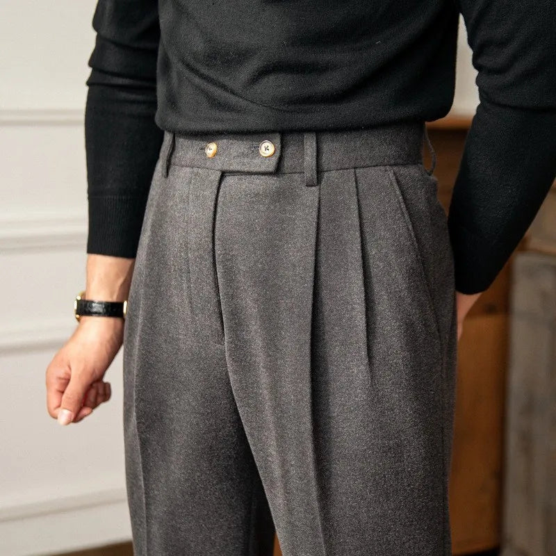 Autumn Winter Naples High Waisted Woolen Casual Trousers Men Elegant Solid Warm Straight Leg Suit Pants Business Men Clothing