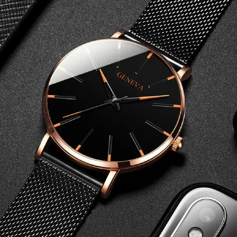 2025 New Fashion Mens Watch Luxury Ultra Thin Stainless Steel Mesh Strap Quartz Watch Rose Gold Watches for Men Reloj Hombre