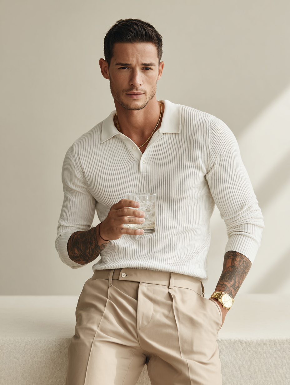 [Buy 1 Get 2] – Men’s Knitted Long Sleeve Polo Shirt, Striped Elastic Collar, Stylish Spring Autumn Sweater